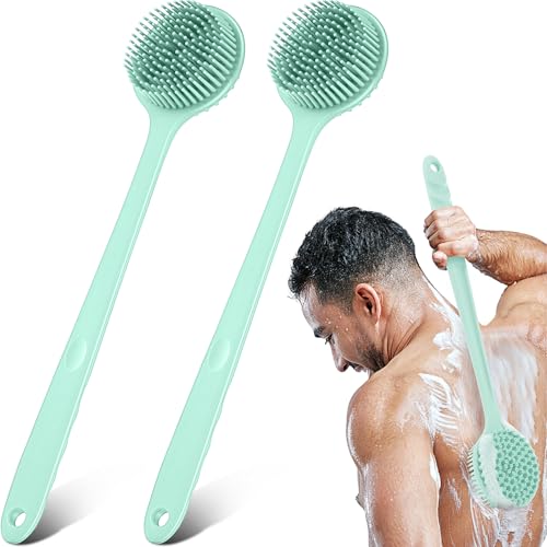 Sunnyray 2 Pack Silicone Back Scrubber for Shower with 15" Long Handle Double-Sided Bath Body Brush for Exfoliating Easy to Clean Quick Dry Deep Cleaning Lathers Well(Nordic Green) - color: Nordic Green