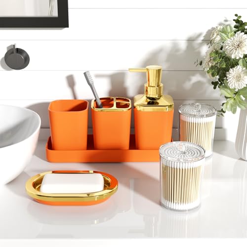 XLHOMO Bathroom Accessories Set - 25PC Bathroom Set with Shower Curtain and Rugs, Orange Bathroom Set, Bathroom Accessory Set with Press-on Lid Trash Can, Soap Dispenser and Qtip Holders for Home - color: Orange & Gold 1, size: Plaid Complete Set + Bath R