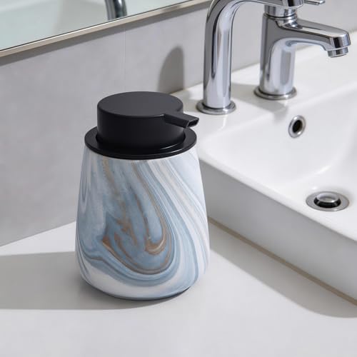 12Oz Foaming Hand Soap Dispenser - Ceramic Bathroom Foam Soap Dispenser with Easy-to-Press Black Pump, Refillable Lotion Hand Dispenser, Dish Soap Dispensers for Kitchen, Marble Blue - color: Marble Blue, style: Foam Pump