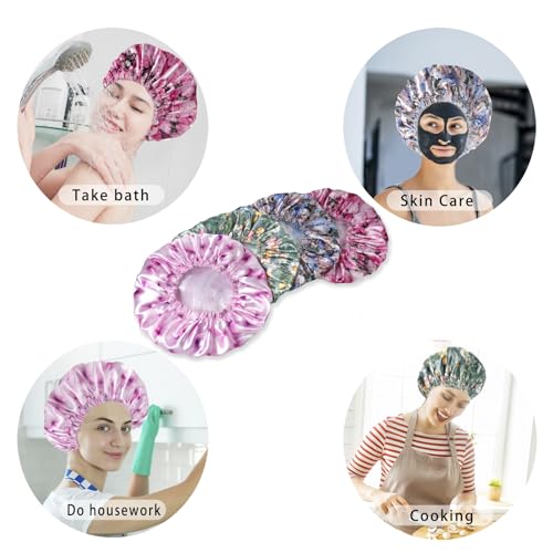 4 PCS Shower Caps for Women, 3D Printing Bath Caps, Double Layers Shower Cap Reusable Waterproof, Bathing Shower Caps, Environmental Protection Hair Bath Hat - Flower B - color: 3D Flower B 4 PCS/Set