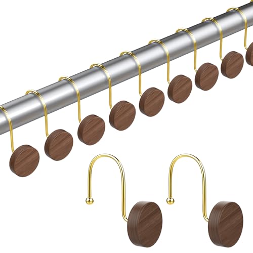 Shower Curtain Hooks, Decorative Shower Curtain Rings for Shower Curtain, Imitation Wood Grain Resin Shower Curtain Hangers, 12PCS Waterptoof Shower Hooks for Bathroom, Bedroom, Plant Hanger (Gold) - color: Gold