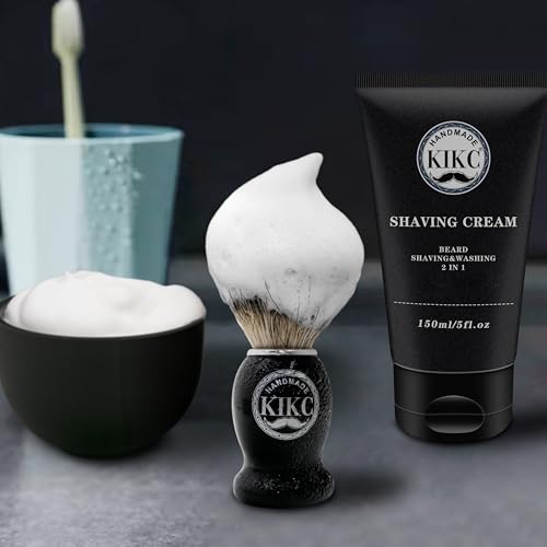 KIKC 5 in 1 Shaving Kit for Wet Shave, Set Includes Hand Crafted Pure Badger Shave Brush, Stainless Steel Lathering Soap Bowl, Shave Brush Stand, Shaving Cream, Best Gift for Bearded Man, Deluxe Black - color: black Stainless set