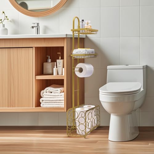 Oasis Creations Toilet Paper Holder Tissue Rack Stand with Magazine Toilet Roll Storage Basket- Freestanding, Gold Metal - color: Gold