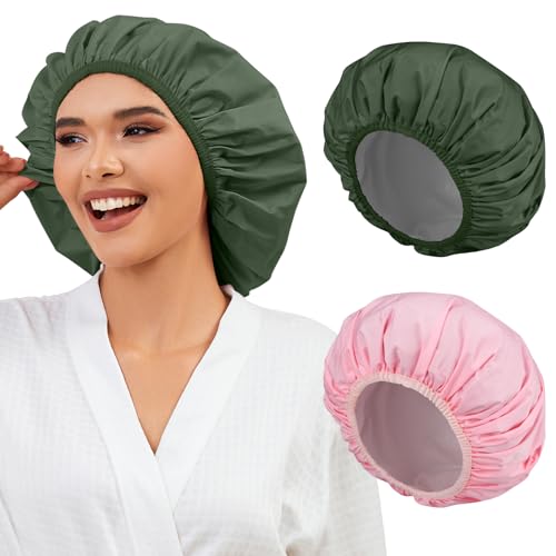 2 Pack Shower Caps for Women, Reusable Waterproof Shower Cap with Elastic Band, Thickened Waterproof Fabric Shower Bonnet for Braids, Long Hair (Pink and Green) - color: Color 01
