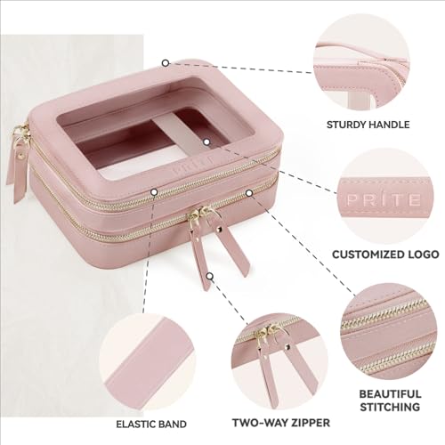 Prite Double Layer Makeup Bag for Women Portable Clear Makeup Bag Cute Waterproof Travel Cosmetic Bag with Gold Zipper for Car Essentials(Pearlescent Pink) - color: Pearlescent Pink, size: Standard - Double Layer