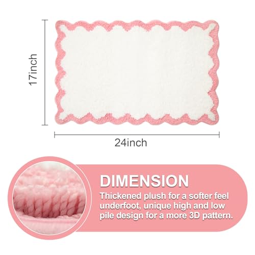 ORTIGIA Small Cute Scalloped Bath Mat, White and Pink Plush Microfiber Scallop Bathroom Rugs Non Slip Washable Quick Dry Absorbent, Bathmat for Shower Stall Vanities Kitchen Floor Entrance, 17x24 - color: A-pink and White, size: 1'5" X 2'(rectangular)