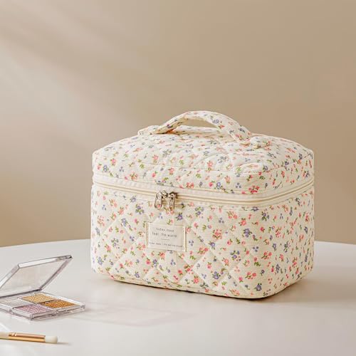 HBselect Quilted Makeup Bag, 3PCS Cotton Large Travel Makeup Bag, Cute Floral Coquette Make up Bag Cosmetic Bag Toiletry Bag for Women Girls - color: A-3PCS-Floral 12