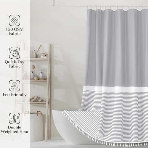 Seasonwood Grey Shower Curtain Modern Fabric Shower Curtains White Tassels Farmhouse Shower Curtains Striped Shower Curtain Waterproof 72x72 Inch - color: Grey, size: 72"W x 72"L (Pack of 1)