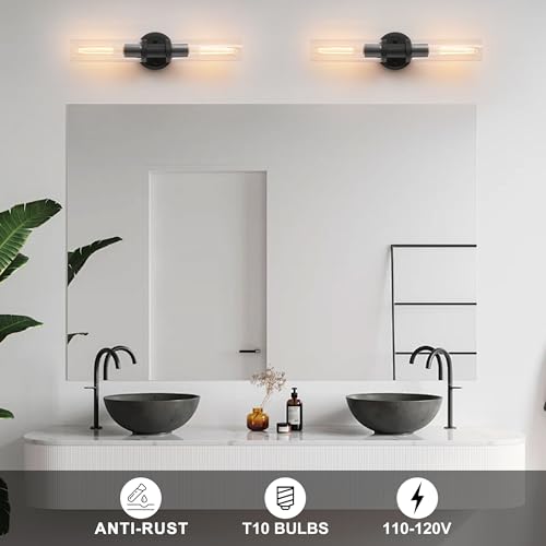 Wall Sconces Set of Two,Matte Black Bathroom Sconces Wall Lighting with Clear Glass, Modern Sconces Wall Decor Set of 2 Wall Light fixtures for Bathroom Mirror Living Room Hallway Bedroom Wall Lamp - color: matte black clear