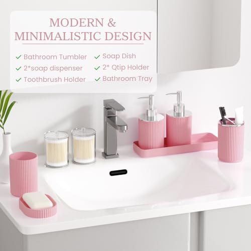Light Pink Bathroom Accessories Set, 10PC Bathroom Set, Bath Accessory with Pop Up Trash Can, Soap Dispenser, Toilet Brush, Toothbrush Set Qtip Holders & Tray - color: Pink & Silver, size: 10-Piece Set (Accessories Only)