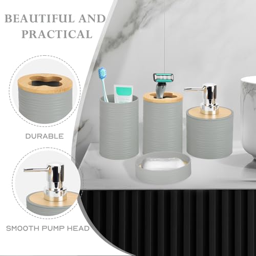 4 Pieces Bamboo Bathroom Accessories Set, Bathroom Accessory Set with Soap Dispenser and Toothbrush Holder, Soap Dish and Toothbrush Cup, Boho Bathroom Decor(Grey) - color: Grey