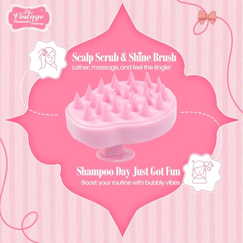 Vintage Cosmetic Company Shampoo Brush Silicone Scalp Massager Pink | Silicone Scalp Massager for Gentle Exfoliation and Even Shampoo Distribution. Stimulates Scalp. Vintage Pink Design.