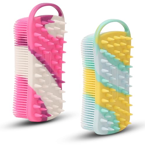 MtBoi 2 PC Silicone Body Scrubber, 2 in 1 Exfoliating Shower Bath Scrubber, Soft Silicone Loofah for Sensitive Skin, Shower Hair Scalp Massager, Easy to Clean, Lather Well (Purple & Yellow) - color: Purple&yellow