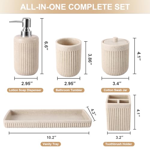 XLHOMO Resin Beige Bathroom Accessories Set 5 Pcs, Lotion Soap Dispenser, Toothbrush Holder, Bathroom Tumbler, Qtip Holder and Vanity Tray, Bathroom Countertop Organizer Set for Modern Home Apartment - color: Beige, size: Resin Bath Set