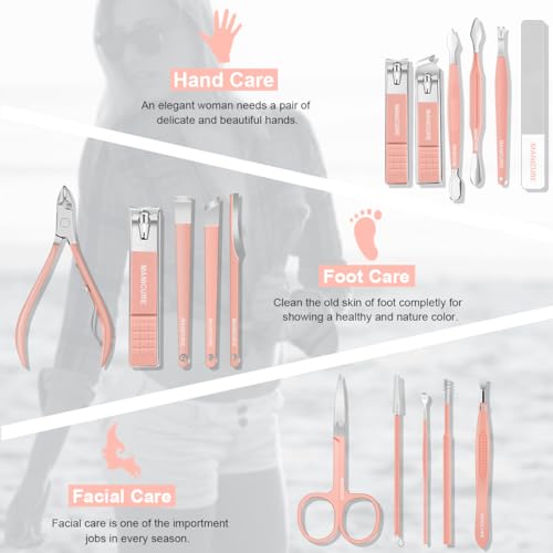 Manicure Set Professional Nail Clippers Pedicure Kit, 16 pcs Stainless Steel Nail Care Tools Grooming Kit with Luxurious Travel Leather Case for Thick Nails Men Women Gift (Pink) - color: Pink