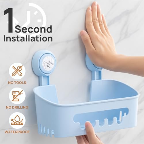 LEVERLOC Shower Caddy Suction Cup Set Shower Organizer & Soap Holder & Toothbrush Holder, Bathroom Shelf Basket NO-Drilling, Removable Suction Storage Waterproof Bathroom Holder, Blue - color: 3 × Blue