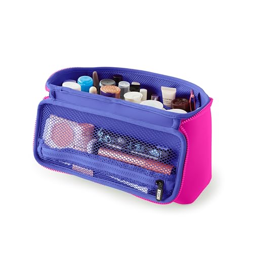 KUSSHI Neoprene Train Case Makeup Bag - Washable Makeup Travel Bag & Vanity Case for Stress Free Travel (Large, Pink/Indigo) - color: Pink/Indigo, size: Large