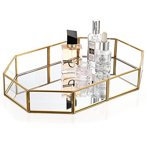 Hipiwe Gold Perfume Tray - Glass Mirror Makeup Tray Ornate Vanity Tray Dresser Tray Jewelry Trinket Organizer Tray for Bathroom Storage Tray for Home Decor,12.4"x 8.5" - size: 12.4" x 8.2" x 2"
