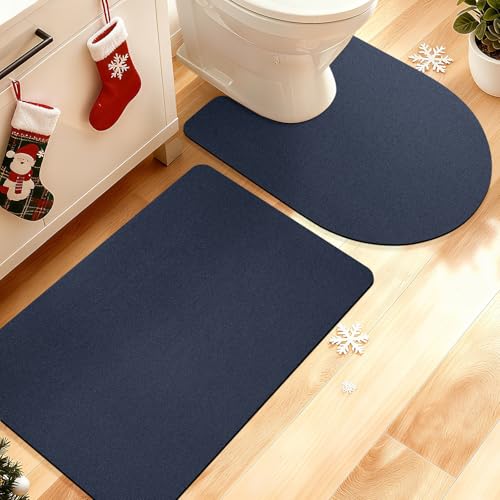 ACCUMTEK Non Slip Bath Mat, Thin Bathroom Rugs Fit Under Door, Quick Dry Bath Mats, Machine Washable Bath Rugs for Bathroom, Bathtub & Kitchen, Bathtub, Dark Blue/Solid/2 Piece - color: Dark Blue, size: 24"x17"+ 24"x20" Contour Rug