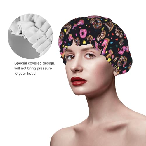 Doughnut Donuts Shower Cap For Women Reusable Waterproof Double Layers Bath Cap Hair Protection Elastic Ladies Spa Salon Shower Hat - color: Doughnut Donuts