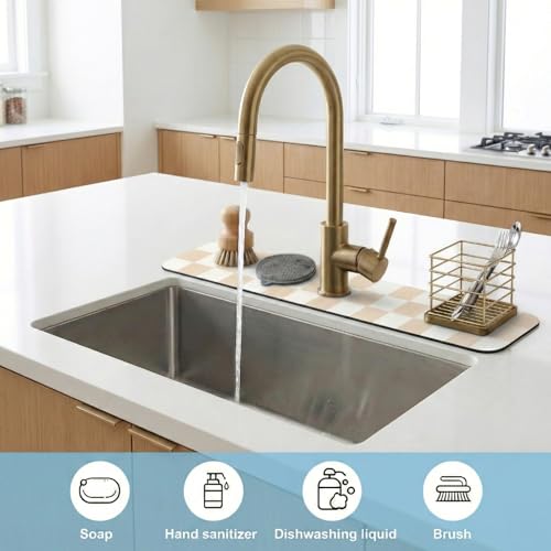 Cuttable Kitchen Sink Faucet Mat: 24" Lx4 W Splash Guard with Center Hole | Customizable Absorbent Non-slip Fabric Rubber Mat, Cut to Fit 2,3,4 Holes Irregular Sink with Soap Dispenser Air Gap