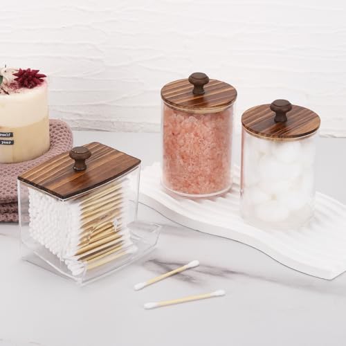 Tbestmax Qtips Holder Bathroom Container, 10oz Big Qtips Dispenser Cotton Ball Holder, Clear Plastic Apothecary Jar Organizer for Storage Cotton Swab, Round Pads, Floss Picks - color: Group C-Brown Wood