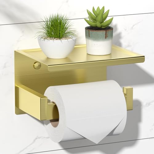HITSLAM Gold Toilet Paper Holder, Stick on Brushed Brass Toilet Paper Holder with Shelf, Self Adhesive No Drill or Wall-Mount with Screws for Bathroom - color: Brushed Brass, size: Medium