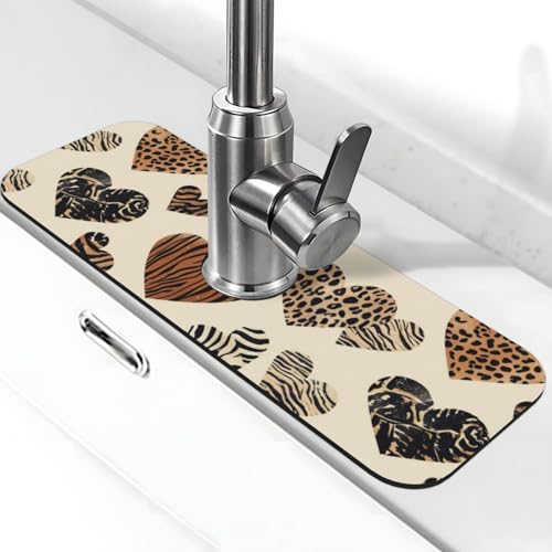 Kitchen Sink Splash Guard Faucet Mat, Cheetah Zebra Spots Heart Shapes Diatom Mud Absorbent Draining Mat For Kitchen Sink Bathroom - color: Cheetah Zebra Spots Heart Shapes, size: One Size