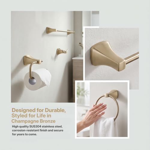 4 Piece Gold Bathroom Hardware Set - Brushed Gold Bathroom Accessories, 23.6 Inch Towel Bar | Towel Hook | Toilet Paper Holder | Hand Towel Holder (Dark Champagne Bronze) - color: Dark Champagne Bronze