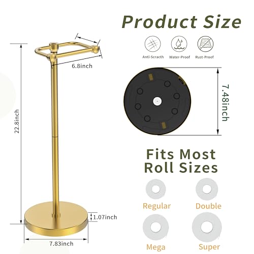 Toilet Paper Holder Stand, Modern Bathroom Free Standing Toilet Paper Roll Holder, Post Pivoting Toilet Paper Stand with Stainless Steel Tissue Rack, Rust-Proof & Heavy Stable Base（Brushed Gold） - color: Brushed Gold, size: Free Standing