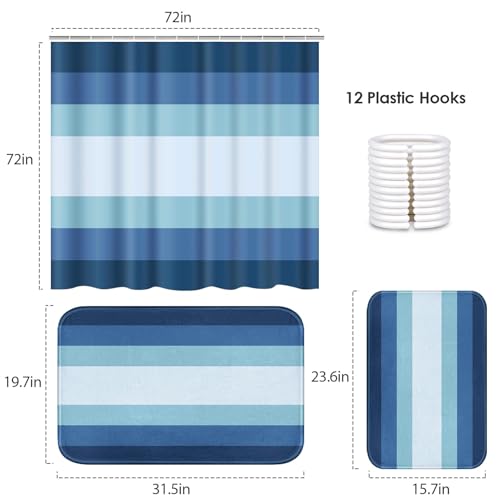 ArtSocket Navy Blue Ombre Bathroom Set with Shower Curtain and Bath Rugs and Accessories,Modern Striped Lines Non-Slip Shower Curtain Set,Bathroom Decor 3 Pcs - color: Blue Striped Ombre