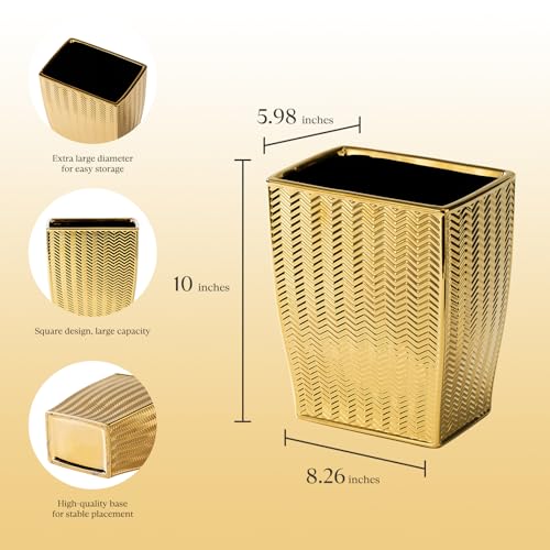 Gold Bathroom Accessories 4pcs Stylish Bathroom Accessories Set Gold Soap Dispenser Pump, Tumbler, Soap Dish and Trash Can Modern Decor Wavy Design Ceramic Bathroom Accessory Set