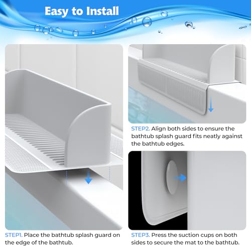 Splash Guard for Bathtub,Kids Bath Toy Tray Caddy Holder, Silicone, Gray | Bath Toy Storage Bag,Guard for Bathtub with Mesh Bathtub Toy Storage,Super Adsorption - Extended Design for Splash Protection