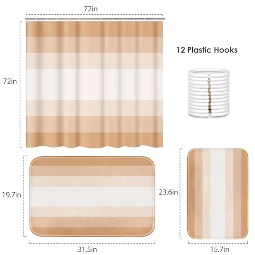 ArtSocket Beige Neutral Ombre Bathroom Set with Shower Curtain and Bath Rugs and Accessories, Striped Boho Non-Slip 3 Pcs, 72" L x 72" W Curtain, 23.6" L x 15.7" W + 19.7"x 31.5" Rugs - color: Beige Striped Ombre