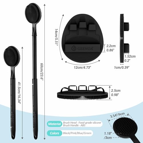 Silicone Back Scrubber & Soft Bath Glove 2PCS, 16''- 24'' Extendable Shower Scrubber with Dual-Side Head, 360° Anti-Slip & Hand-fit Silicone Body Scrubber for Rich Foaming Deep Cleaning(Black) - color: Black*2