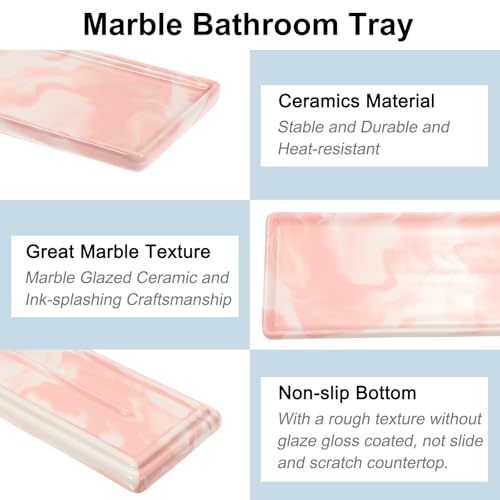 uxcell Marble Tray for Bathroom 9" Small Rectangle Ceramic Vanity Tray for Countertop Shatterproof Bathtub Soap Tray Kitchen Sink Organizer Key Trinket Ring Tray, Pink - color: Pink
