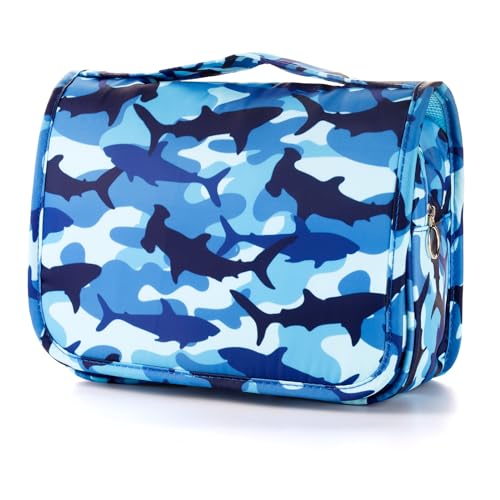 Kids Hanging Toiletry Bag for Boys, Travel Toiletry Bag for Little Young Boys Waterproof Wash Bag Toddler Traveling Toiletries, Shark Blue Camo - color: Shark-Blue