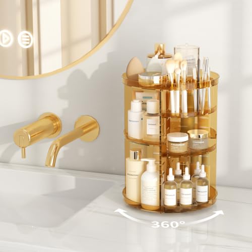 Rotating Makeup Organizer, DIY 8 Adjustable Layers Spinning Skincare Storage, Cosmetic Display Case with Brush Holder and Perfume Tray, Multi-Function Vanity Bathroom Countertop Organizer Clear Gold - color: Clear Gold