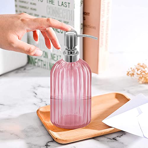 14 Oz Glass Soap Dispenser with 304 Rust Proof Stainless Steel Pump, Refillable Hand Liquid Soap Dispenser for Bathroom, Kitchen, Countertop, Laundry Room (Pink) - color: Pink