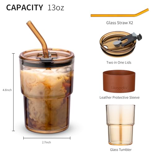 BLUEPOLAR 13oz/400ml Tumbler Water Glass, Cups with Straw and Lid Sealed Carry on for Coffee, Iced Tea, Thick Wall Insulated Glass Cup (Amberwith Protect Sleeve) - color: Amber with sleeve