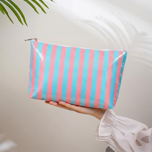 RSRSLEII Large Waterproof Travel Stripe Makeup Bag,Aesthetic PVC Toiletry Bag,Coquette Cosmetic Bag Organizer,Cute Preppy Carry-on Travel Accessories Essentials for Women Girls(02Pink Blue) - color: 02Pink Blue