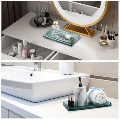 Emibele Bathroom Vanity Tray Countertop, 10" Rectangular Marble Resin Tray | Dresser Kitchen Sink Tray, for Jewelry Cosmetic Perfume Soap Candle, Lightweight Waterproof Tray, Medium, Ink Green - color: Ink Blue, size: 10" x 6.1" x 0.8"