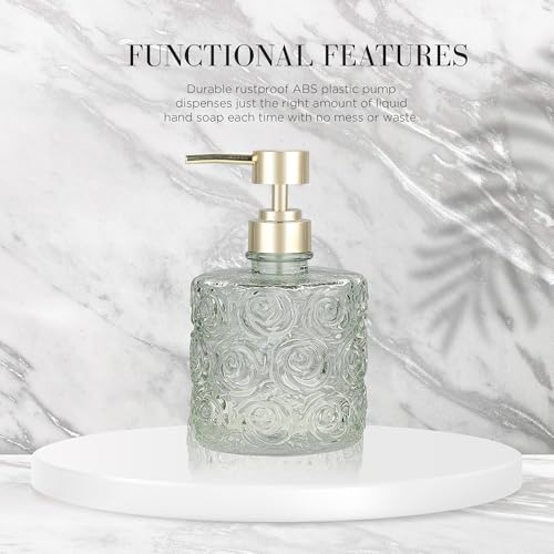 Marcella Glass Soap Dispenser with Soap Pump, Refillable 14 Ounce Capacity, Floral Design Rose Patterns, Heavy Weight Thick Glass for Bathroom, Premium Kitchen Soap Dispenser Reseda Sage - color: Reseda Sage