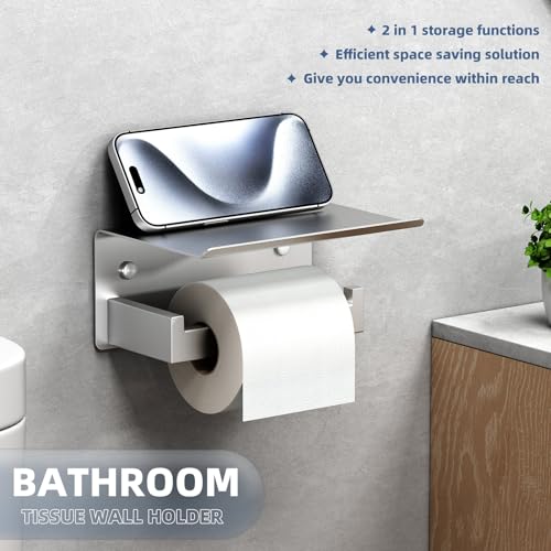 APLusee Brushed Nickel Toilet Paper Holder with Phone Shelf, 304 Stainless Steel Toilet Tissue Roll Holder, Wall Mounted Bathroom Paper Roll Dispenser - color: Brushed Nickel, size: Single Rod