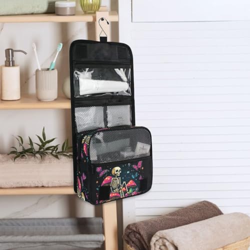 MNSRUU Hanging Toiletry Bag Skeleton Sitting on Mushrooms with Butterflies Travel Makeup bag for Toiletries Portable Travel Toiletry Organizer Cosmetic Bags with Hanging Hook - color: Skeleton A14152