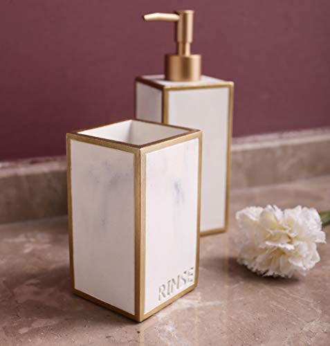 Hymmah Bathroom Accessories Set,Toothbrush Holder,Farmhouse Bathroom Decor,4 Pcs Resin Gift Set Apartment Necessities, Contain Toothbrush Cup,Soap Dispenser,Soap Dish,Tumbler - color: White Gold