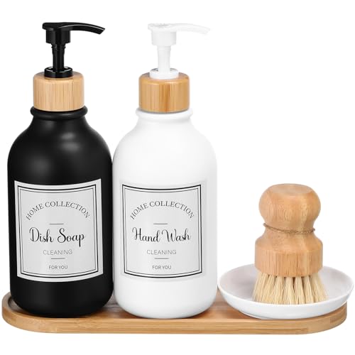 Zopeal 4 Pcs 16 oz Kitchen Soap Dispenser Set with Bamboo Tray and Dish Brush Plastic Soap Dispenser Set with Waterproof Labels for Hand Dish Lotion(Matte Black,White) - color: Matte Black,white