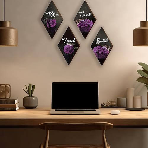 ONIZHITY Set of 4 Purple Bathroom Decor Rose Wooden Wall Decor Flower Rustic Romantic Floral Farmhouse Wall Decor Breathe Soak Unwind Relax Sign Purple Decor for Room Bedroom Bathroom (purple 12 x 7) - color: Purple Rose