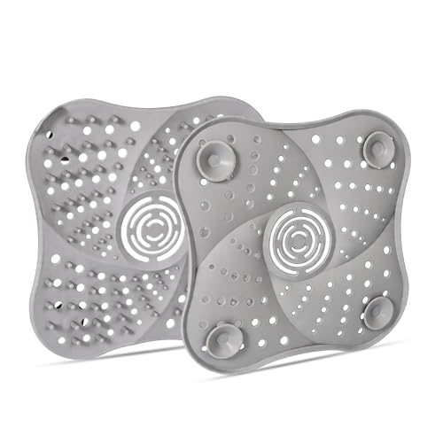 Silicone Hair Catchers Drain Screens 2-Pack, 5.31-inch Square Shower Drain Protectors Strainers with Suction Cup Suit for Showers, bathrooms, Sinks, Floor drains (Grey)