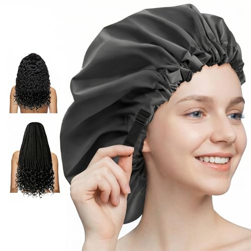 Aquior Shower Cap for Women, Extra Adjustable Shower Caps for Women Double-Layer Waterproof Reusable Hair Cap, Large Size Hair Cap for All Hair,for Girls Spa Bath,Soft and Comfortable (Back) - color: black